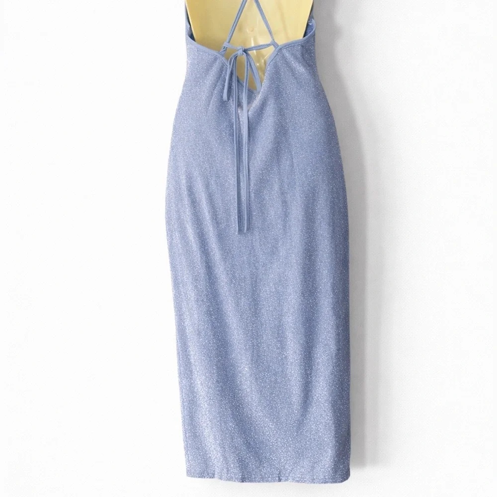 SHEIN Blue Cowl Neck Open Back Bodycon Dress Medium Spaghetti Strap Slit Midi - Picture 5 of 8